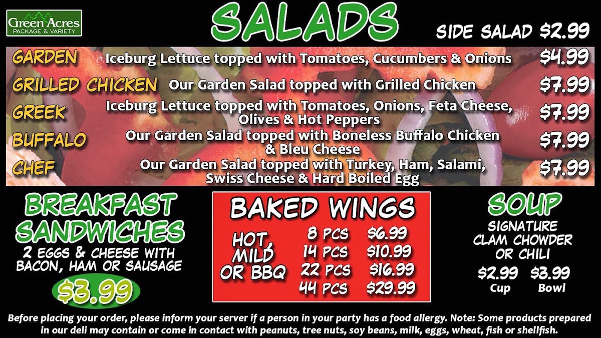 GREEN ACRES PACKAGE & VARIETY menu board