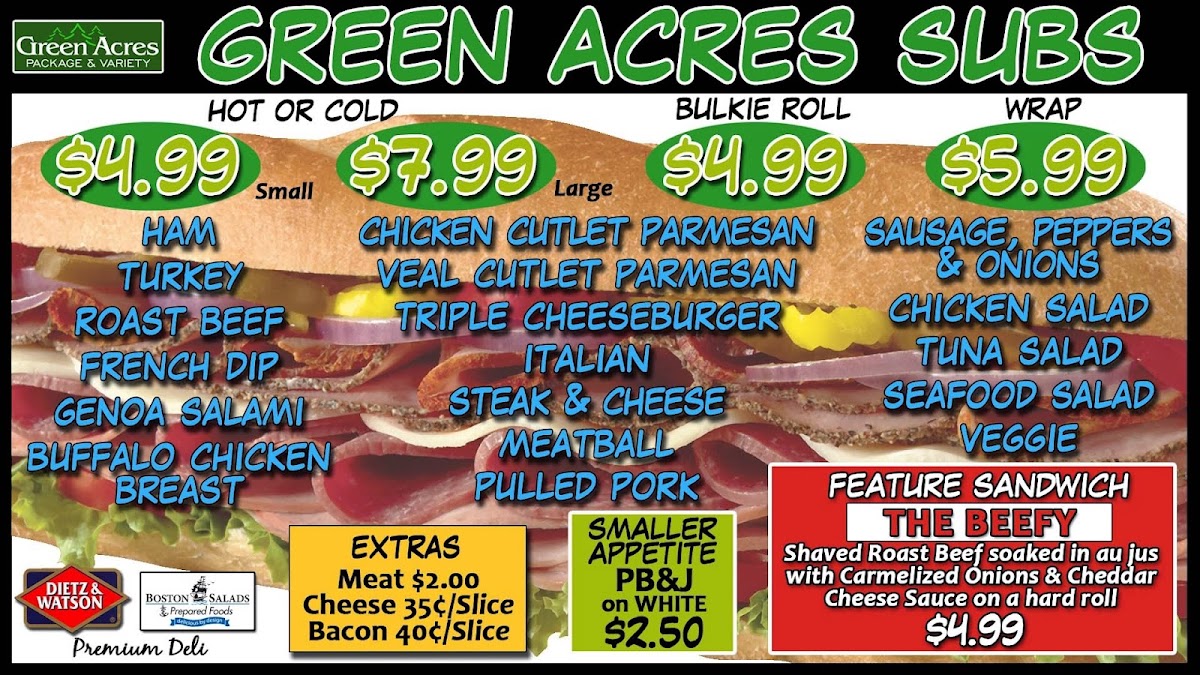 GREEN ACRES PACKAGE & VARIETY menu board