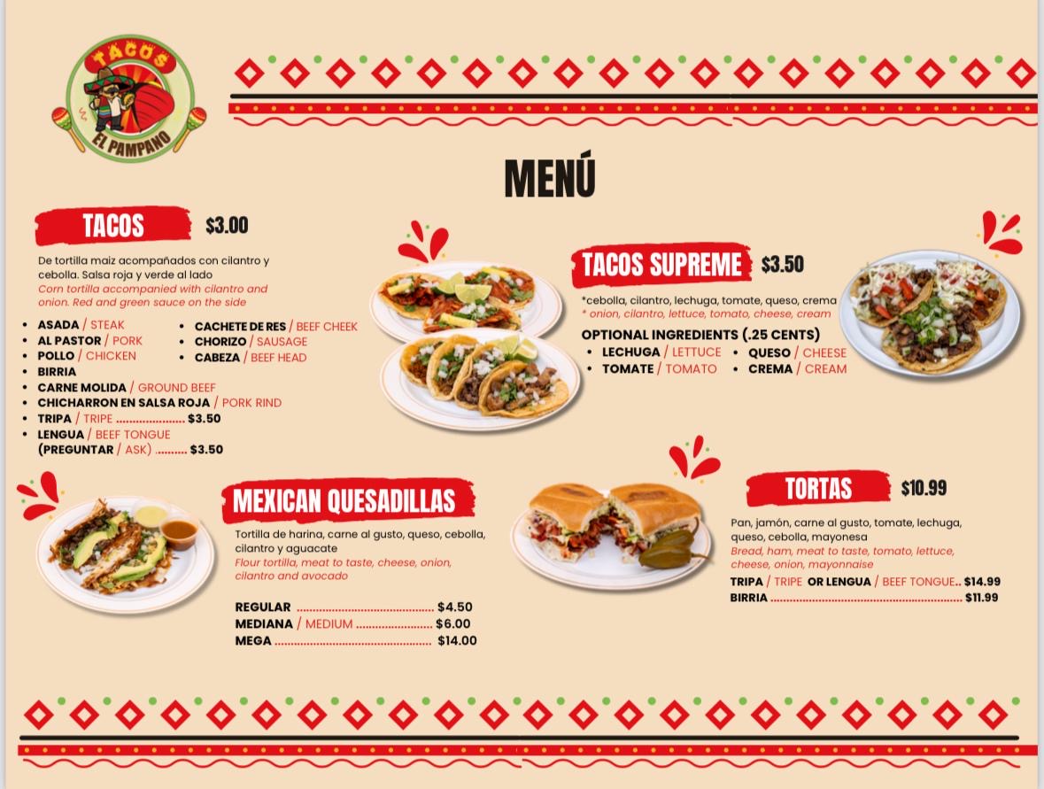 Tacos El Pámpano menu board
