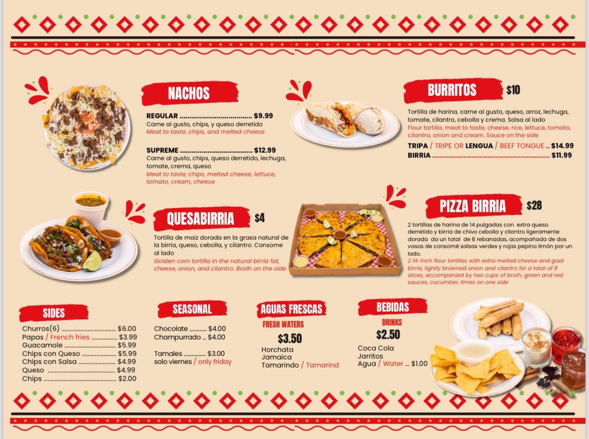Tacos El Pámpano menu board