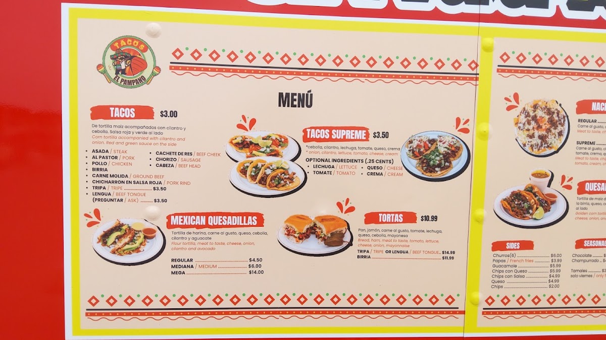 Tacos El Pámpano menu board