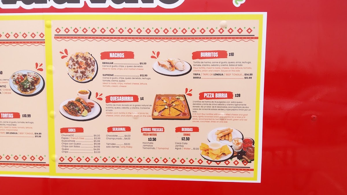 Tacos El Pámpano menu board