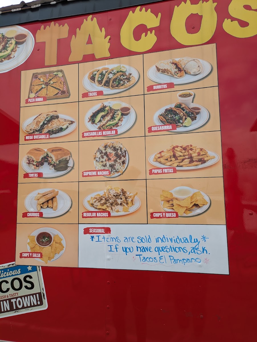 Tacos El Pámpano menu board