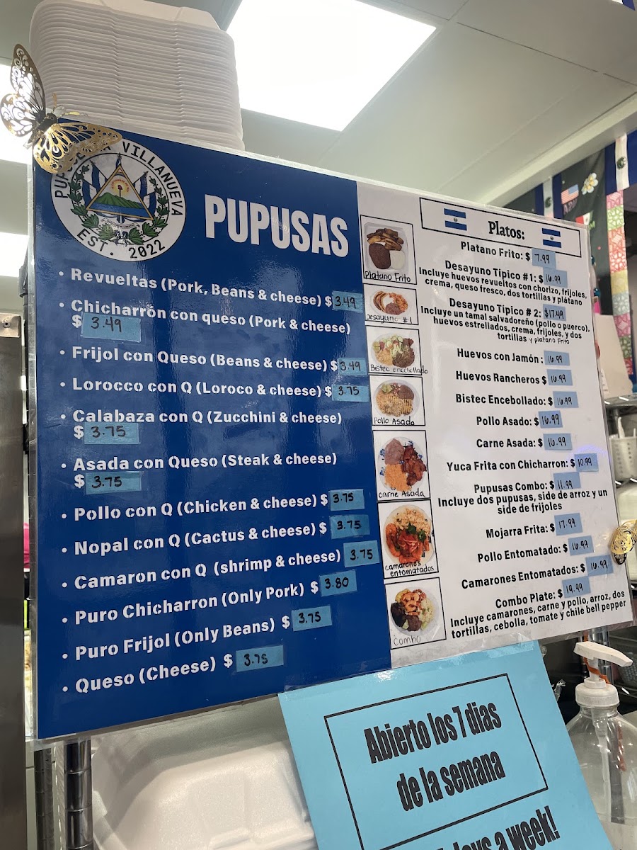 Pupuseria Villanueva menu board