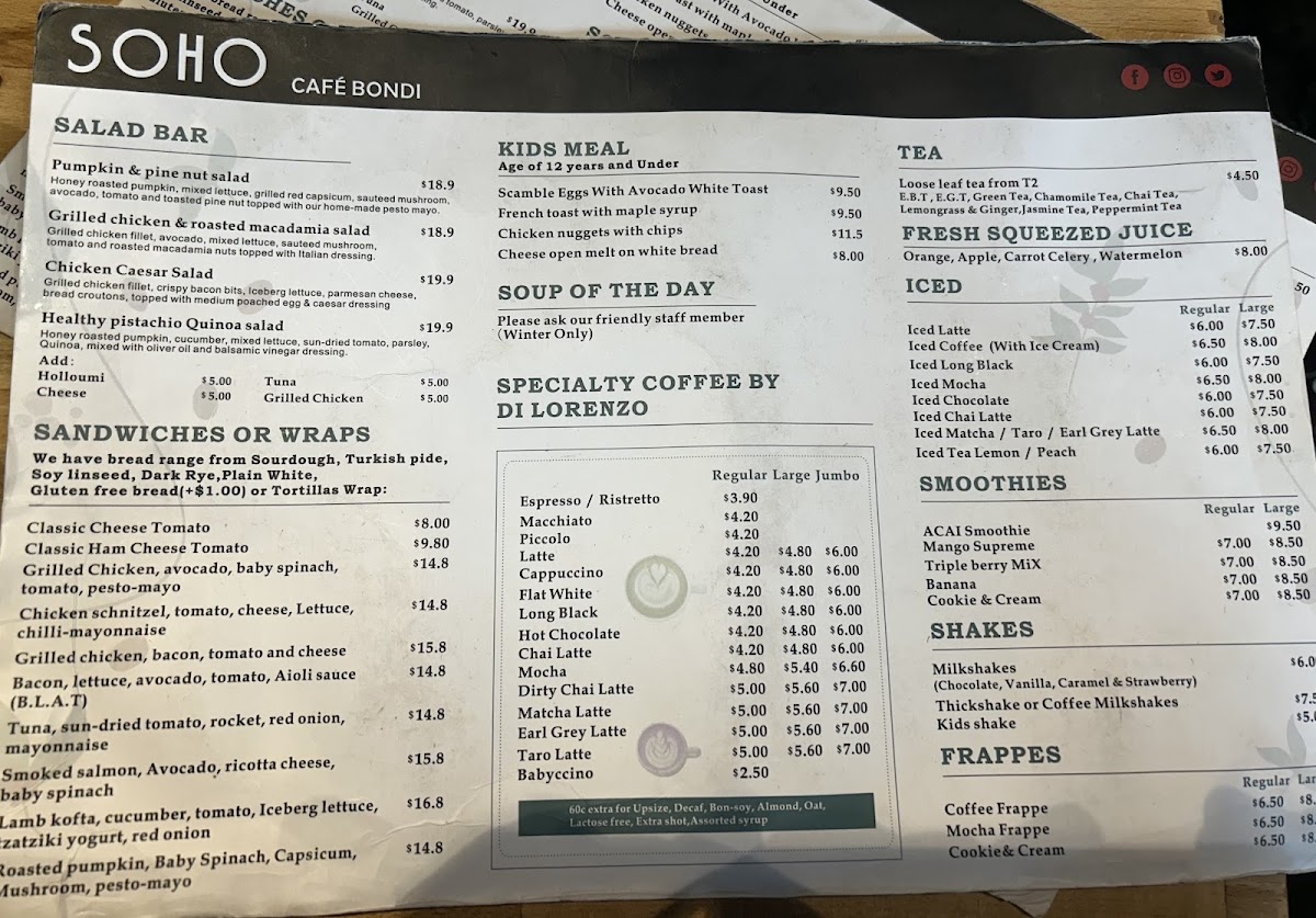 Soho Cafe Bondi menu board