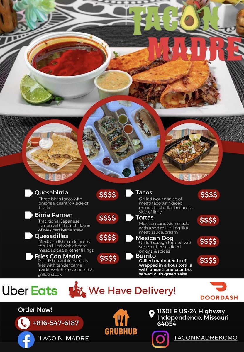 Taco’N Madre menu board