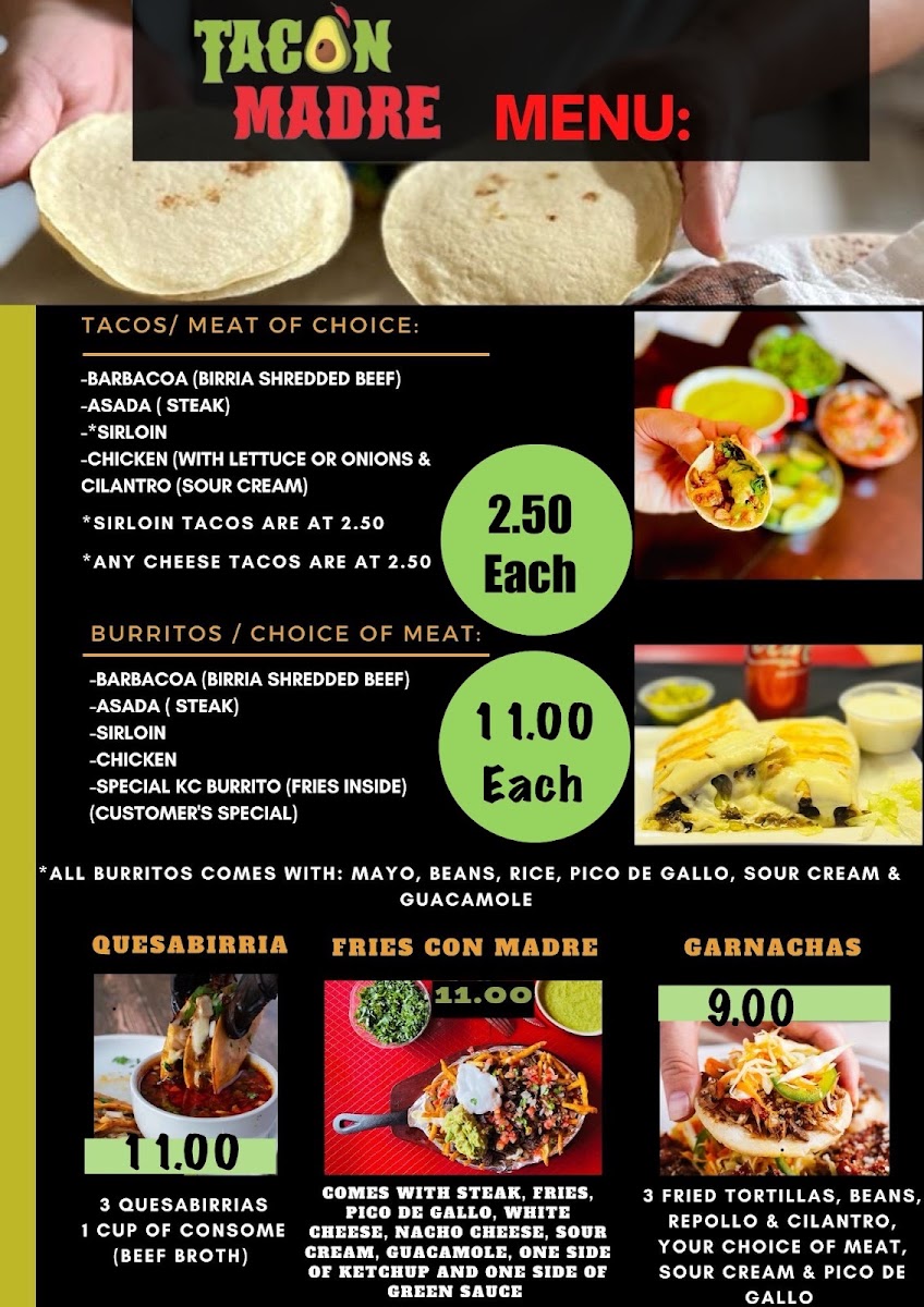 Taco’N Madre menu board