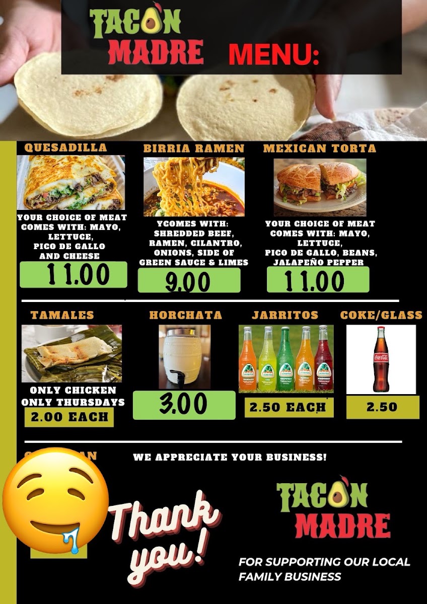 Taco’N Madre menu board
