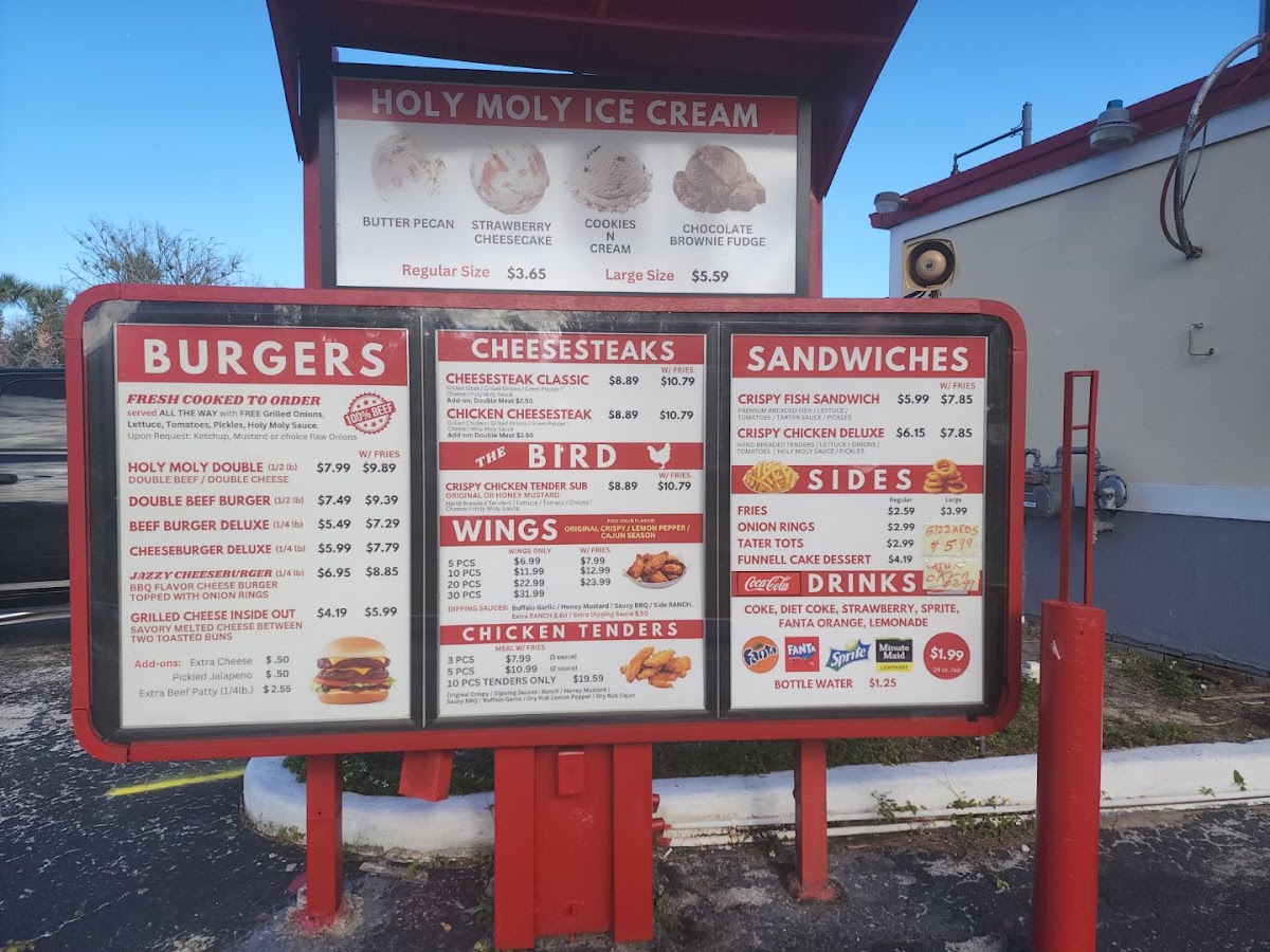 Holy Moly Burgers & the Bird menu board