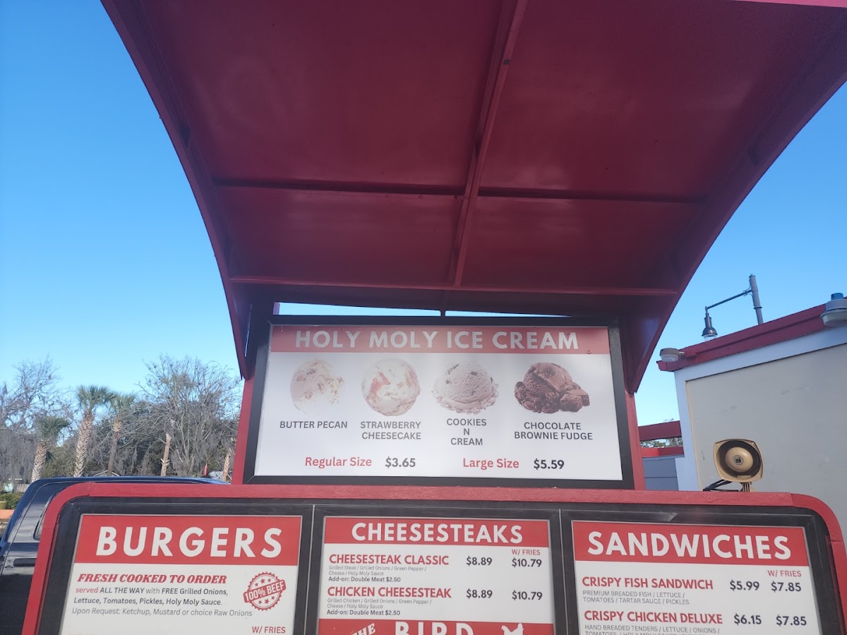Holy Moly Burgers & the Bird menu board