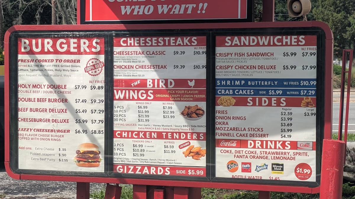 Holy Moly Burgers & the Bird menu board