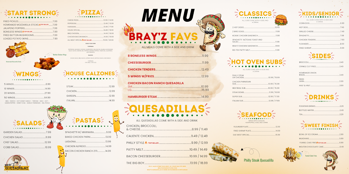 Bray'z Quesadillas & More menu board