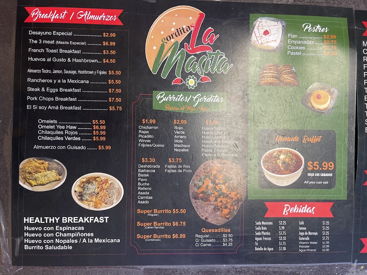 Gorditas La Masita menu board