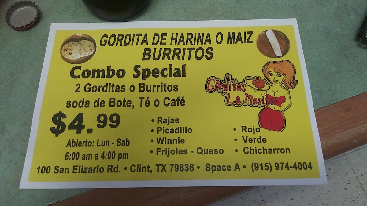 Gorditas La Masita menu board