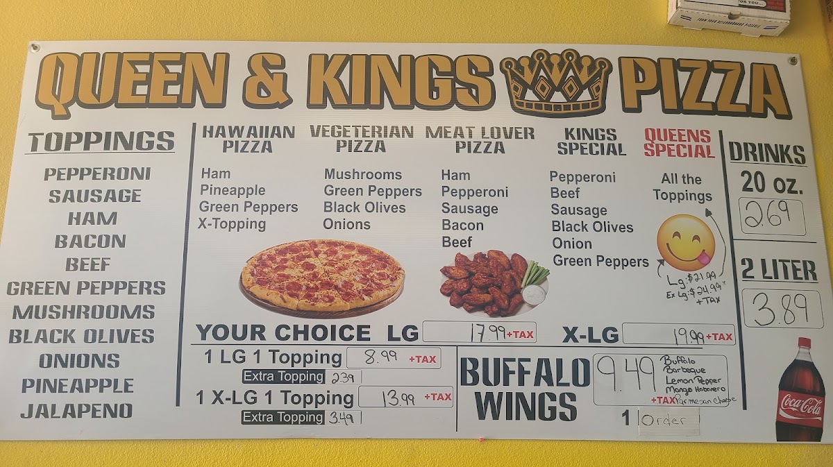 Queen & King's Pizza Clint menu board