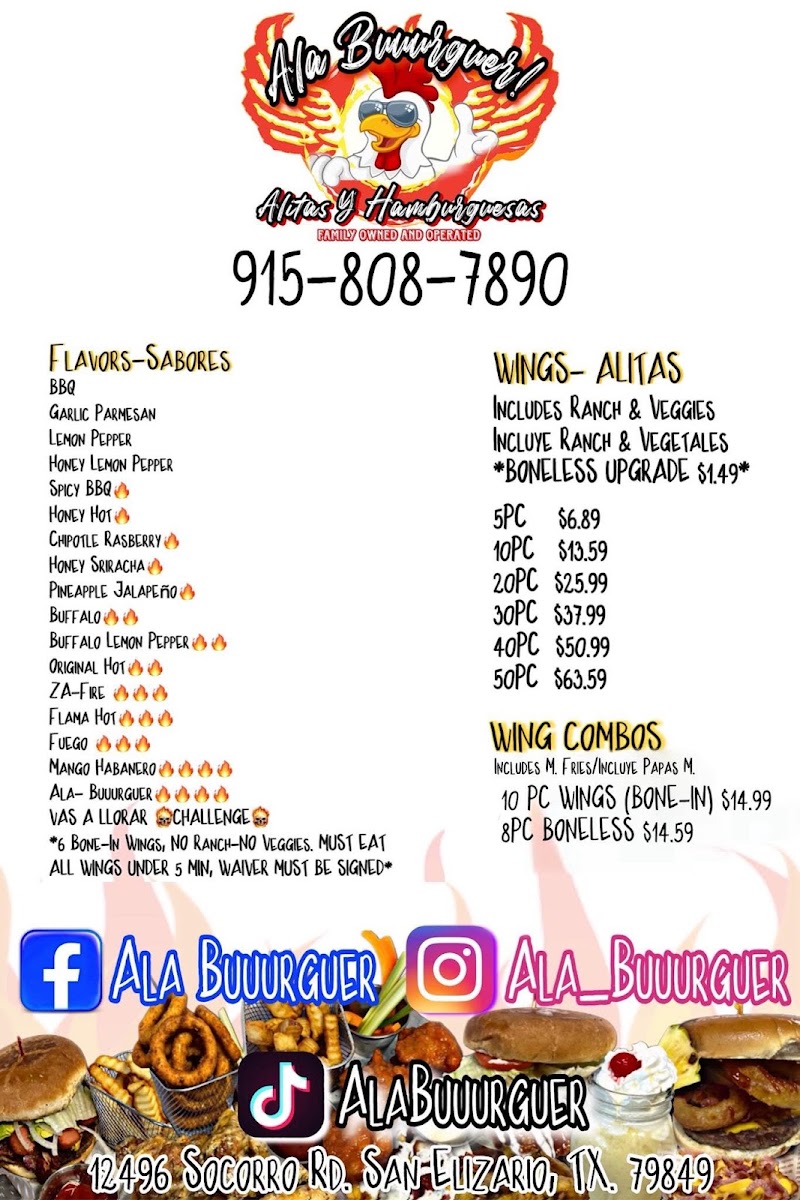 Ala Buuurguer (Alitas y Hamburguesas) menu board