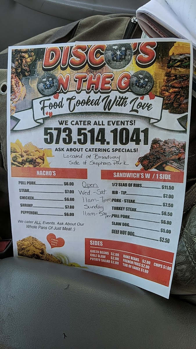 Disco's On The Go menu board
