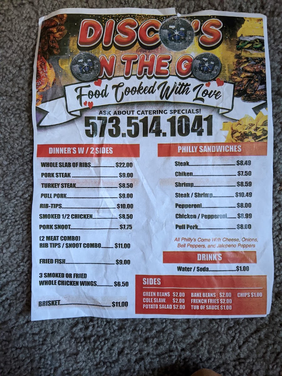 Disco's On The Go menu board