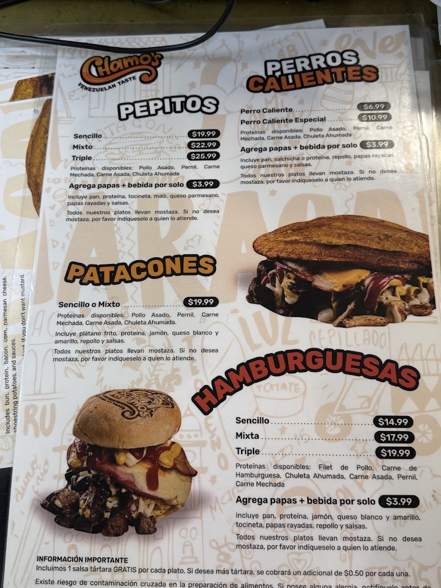 Chamos Venezuelan Taste menu board