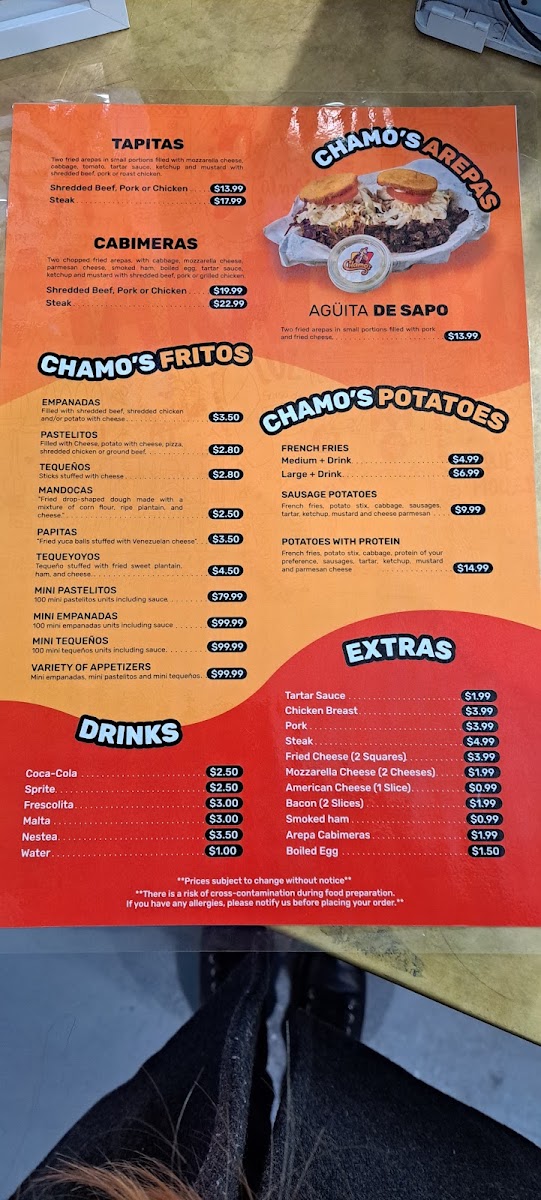 Chamos Venezuelan Taste menu board
