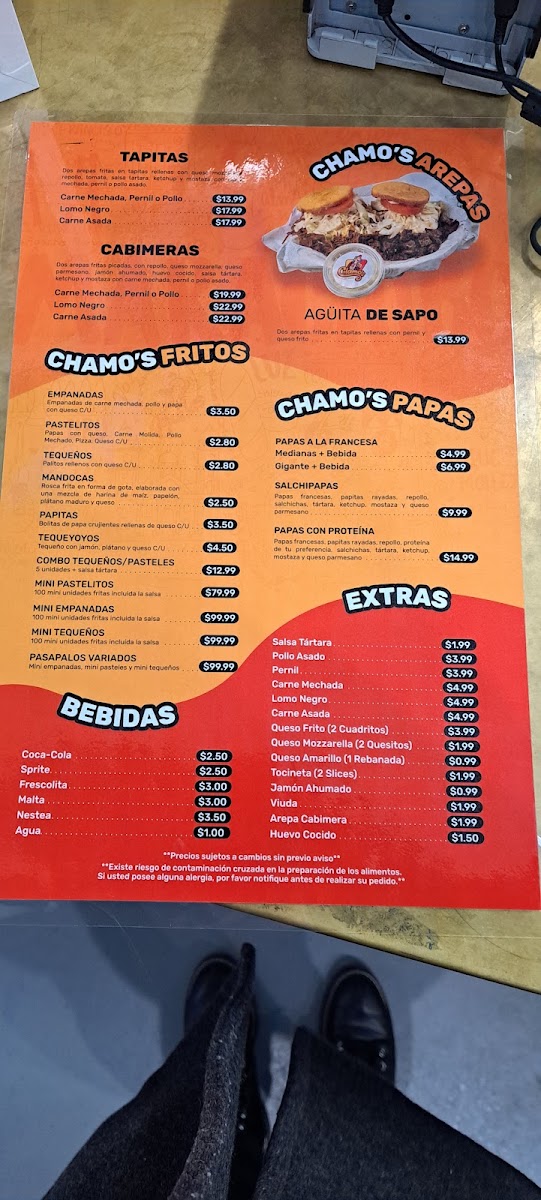 Chamos Venezuelan Taste menu board