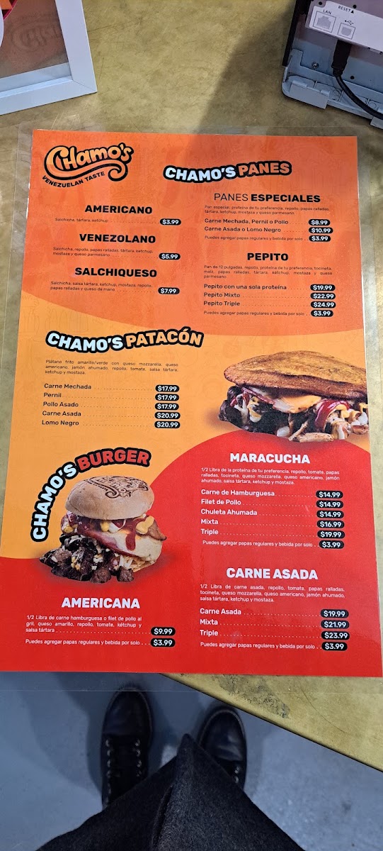 Chamos Venezuelan Taste menu board