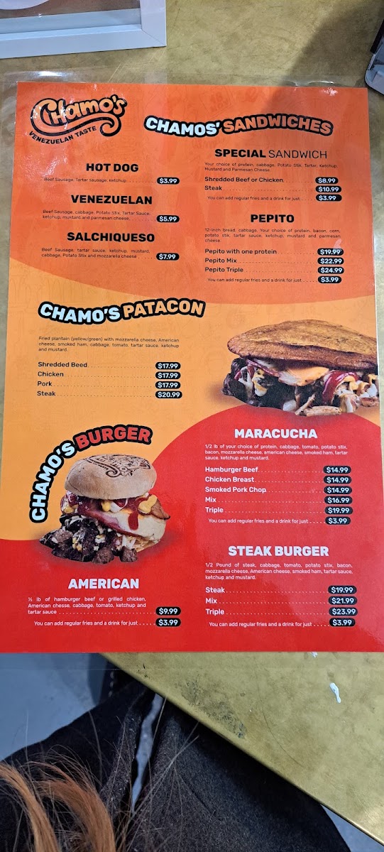 Chamos Venezuelan Taste menu board