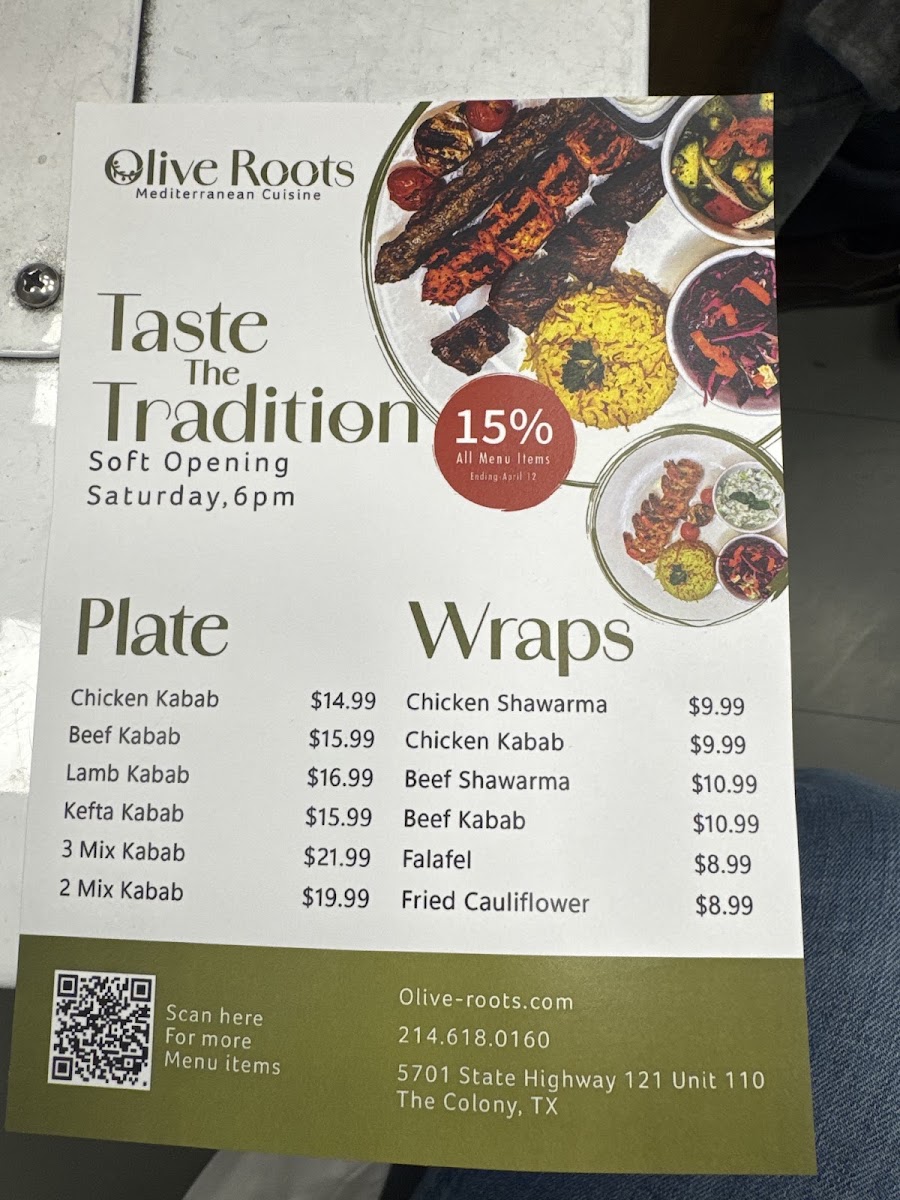 Olive Roots Mediterranean Cuisine menu board