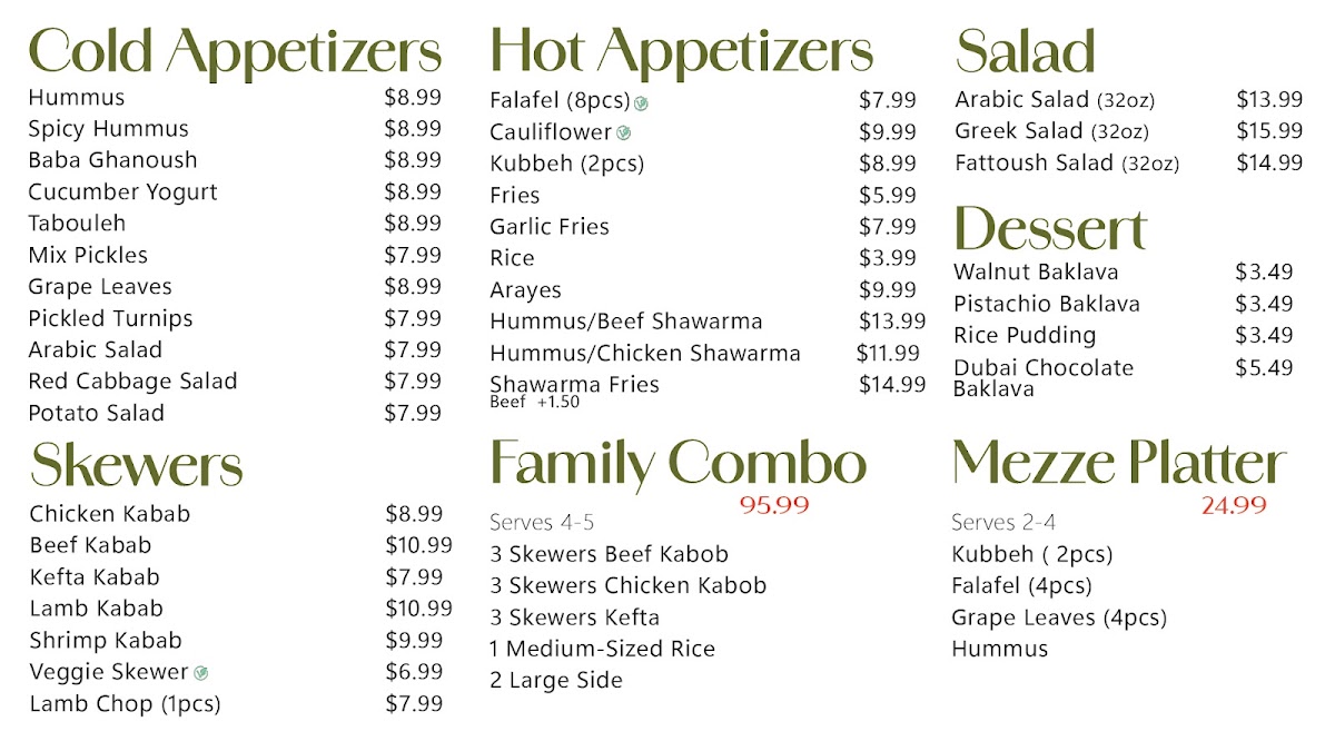 Olive Roots Mediterranean Cuisine menu board