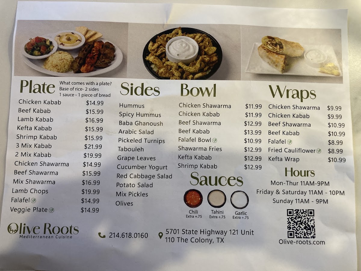 Olive Roots Mediterranean Cuisine menu board