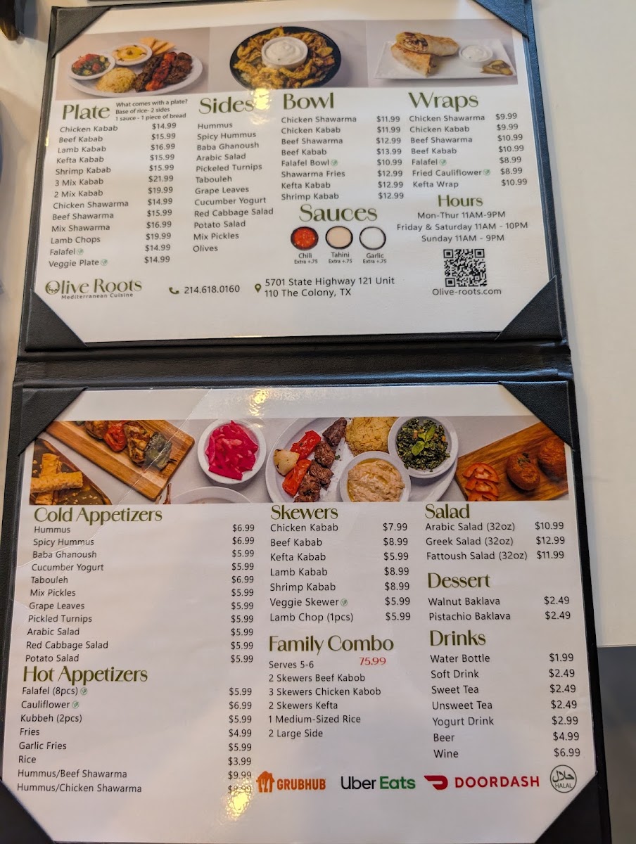 Olive Roots Mediterranean Cuisine menu board