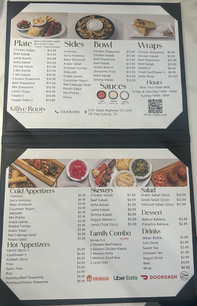 Olive Roots Mediterranean Cuisine menu board