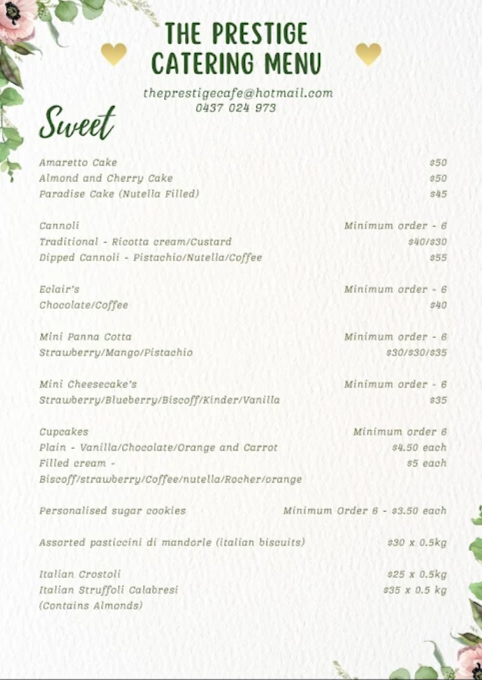 The Prestige Italian Cafè menu board