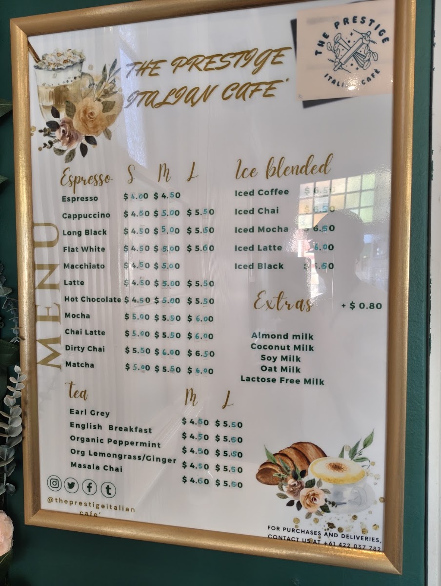 The Prestige Italian Cafè menu board