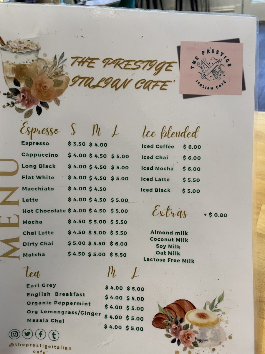 The Prestige Italian Cafè menu board