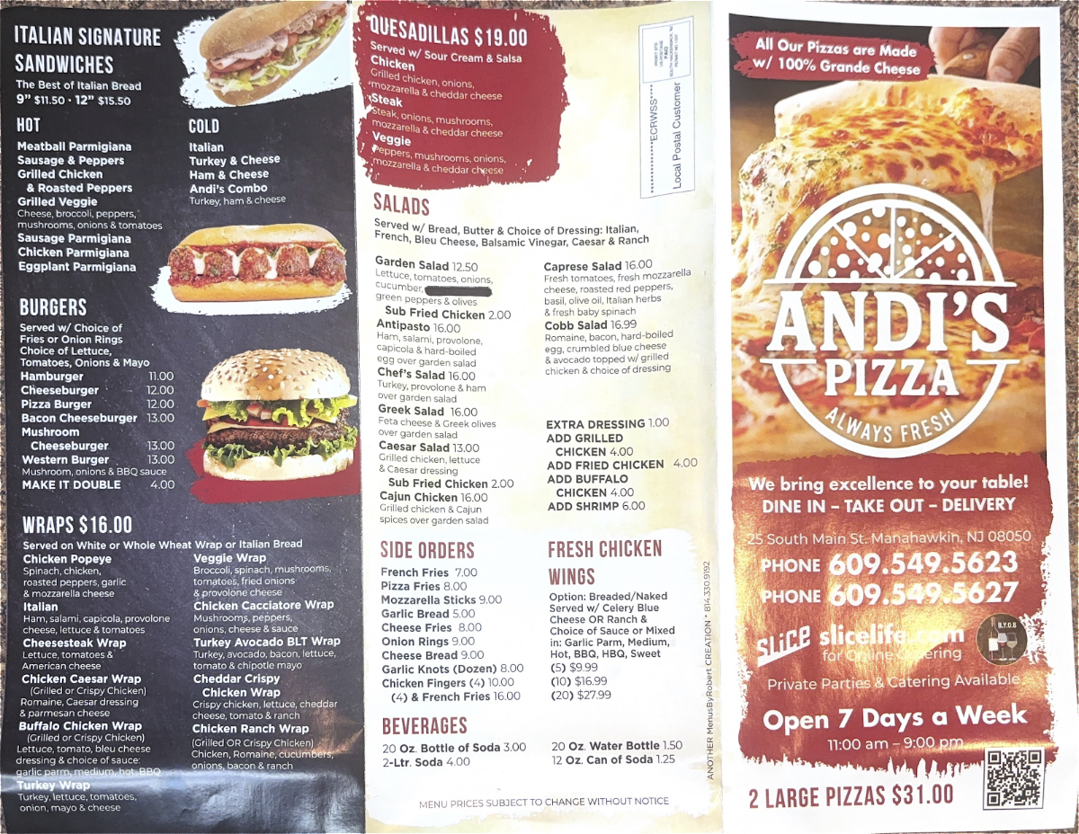 Andis Pizza & Grill menu board