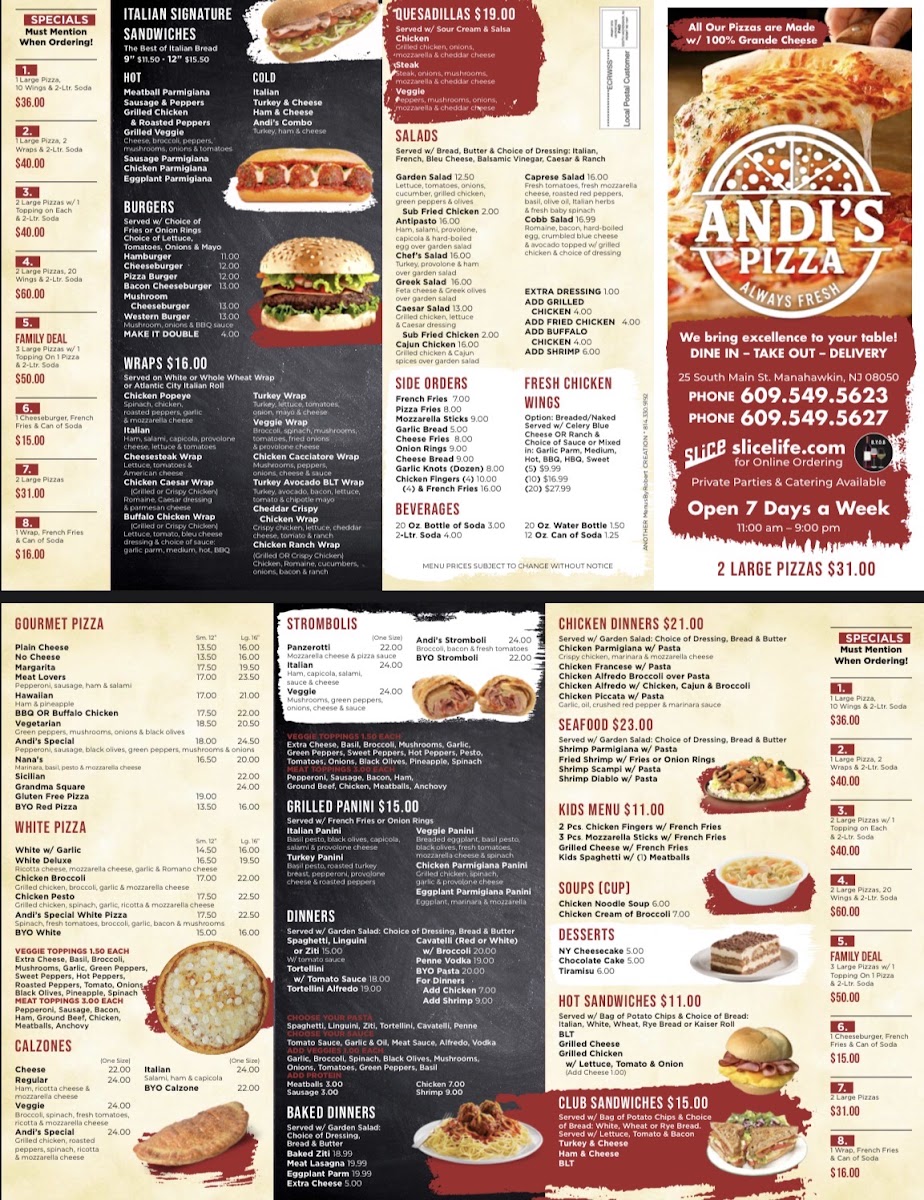 Andis Pizza & Grill menu board
