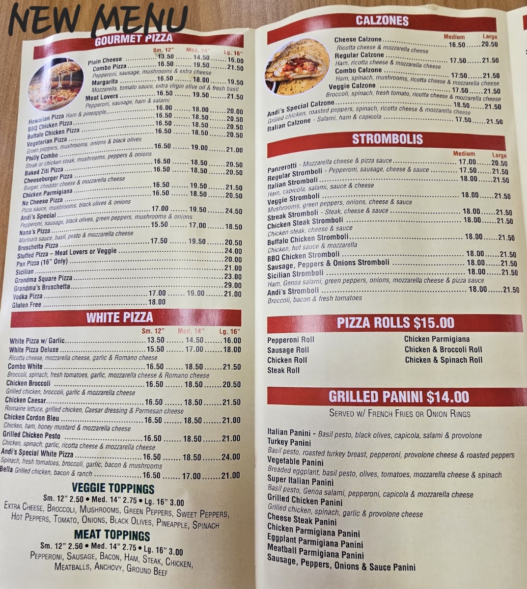 Andis Pizza & Grill menu board
