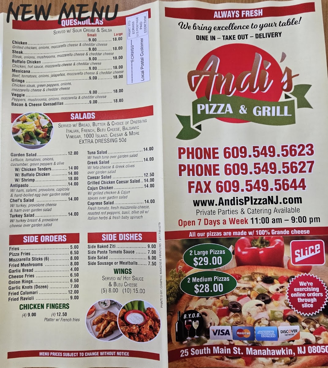 Andis Pizza & Grill menu board