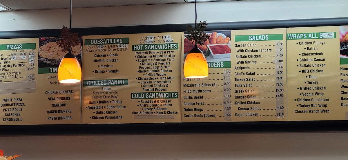 Andis Pizza & Grill menu board