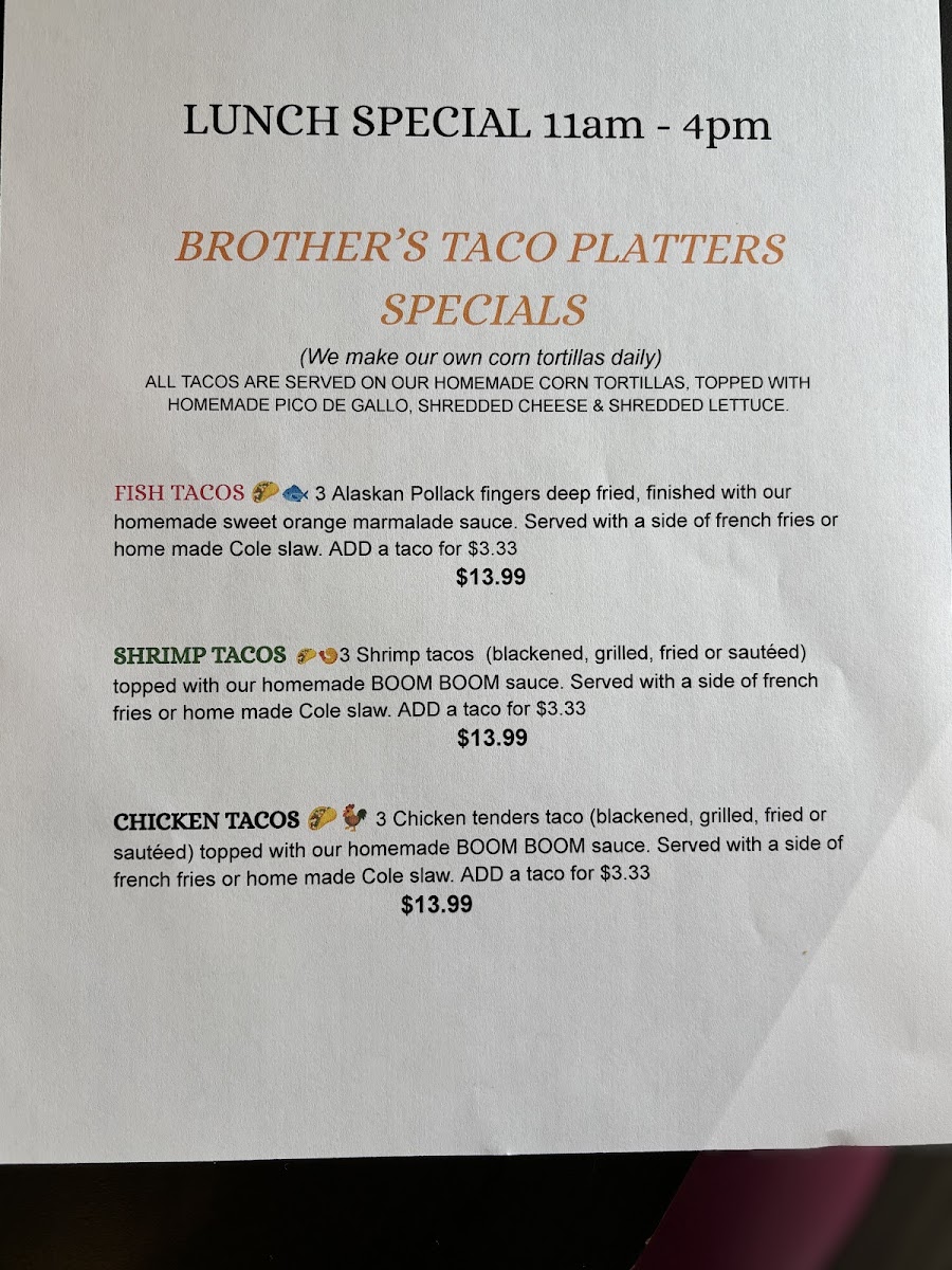 Brother's Fish House Arcadia menu board