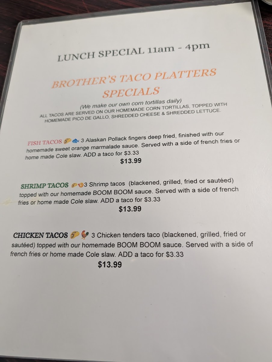 Brother's Fish House Arcadia menu board