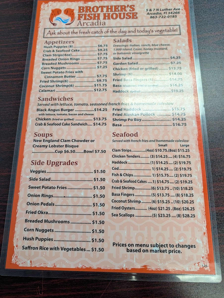 Brother's Fish House Arcadia menu board