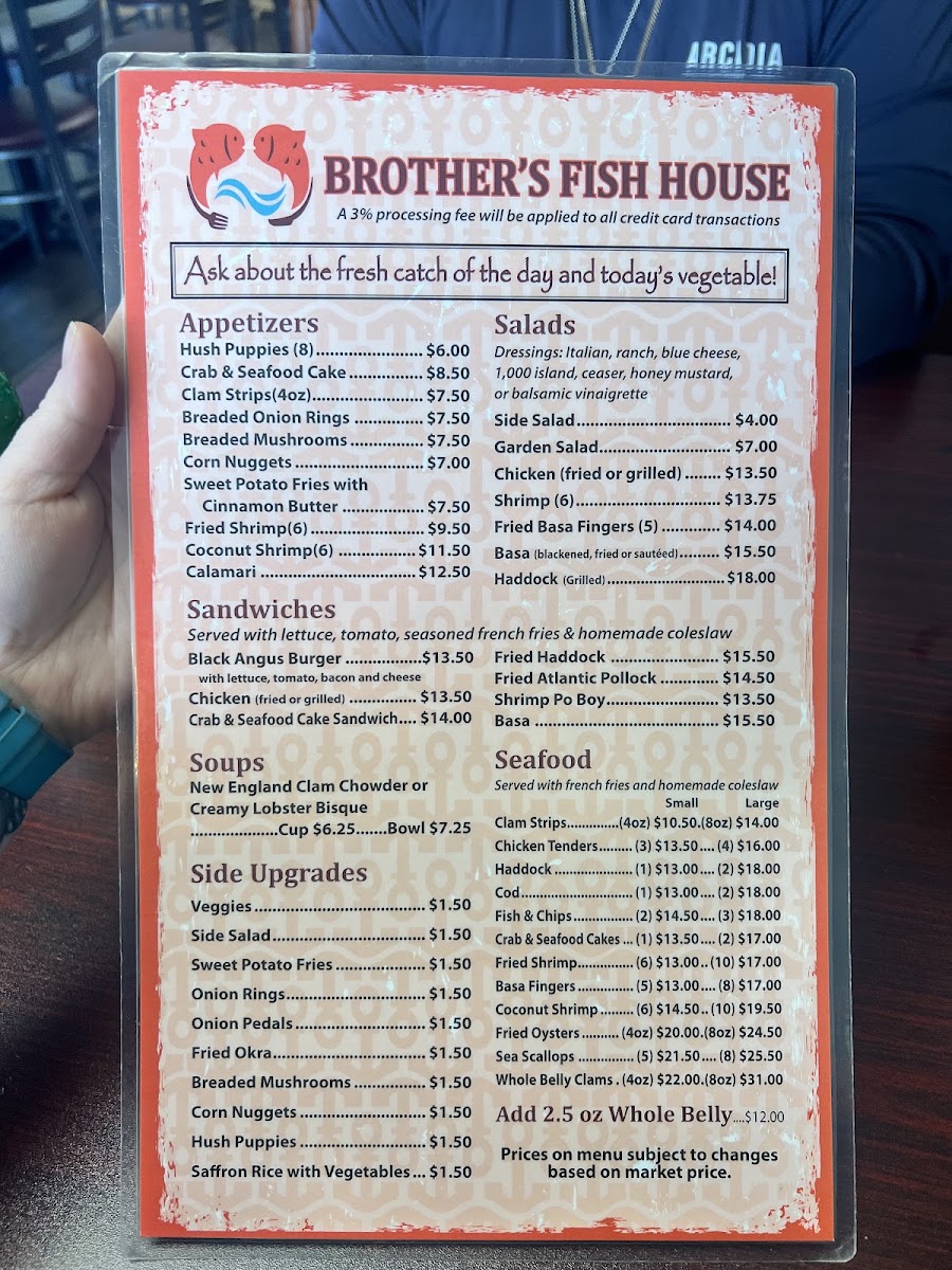 Brother's Fish House Arcadia menu board