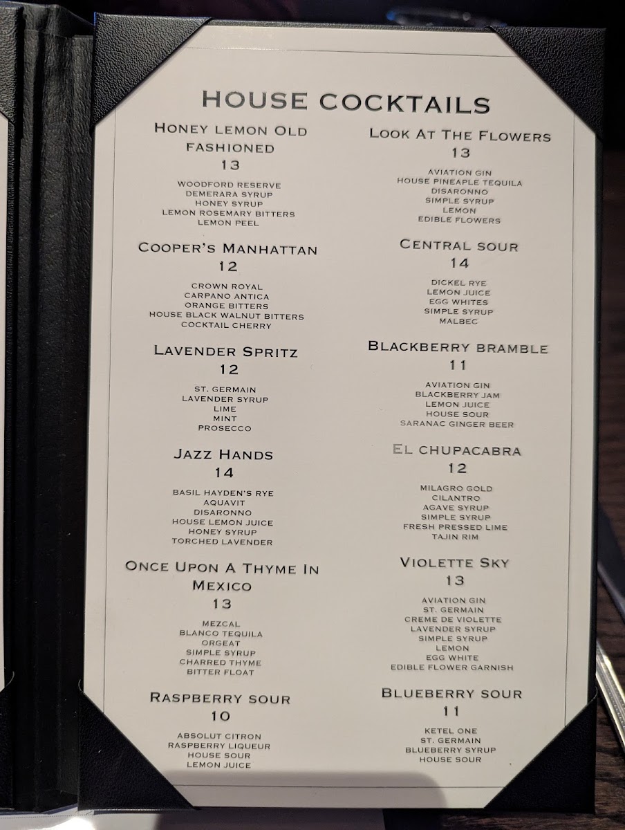 Cooper's Central Table & Cocktails menu board