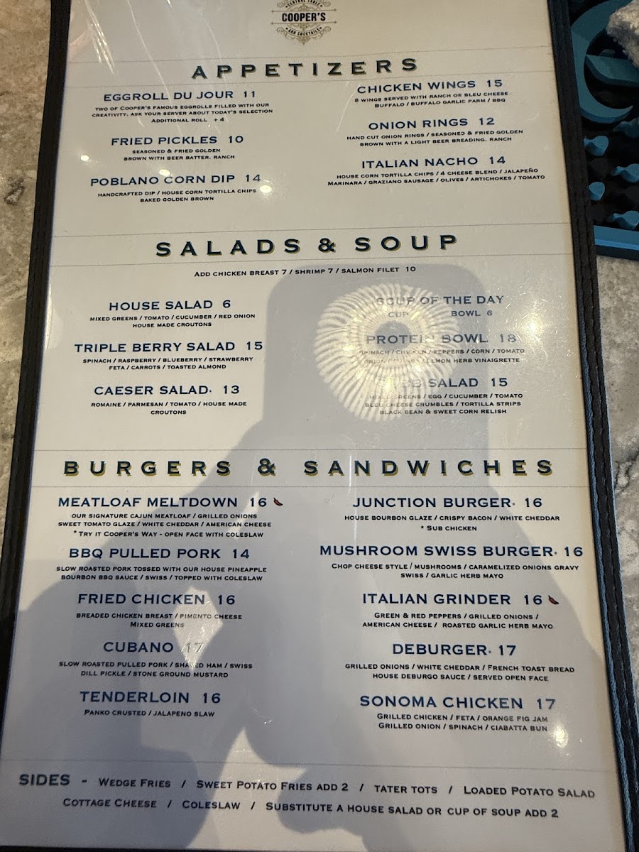 Cooper's Central Table & Cocktails menu board