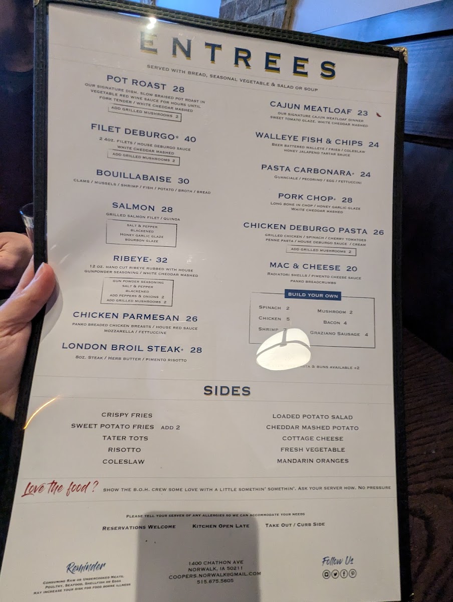 Cooper's Central Table & Cocktails menu board