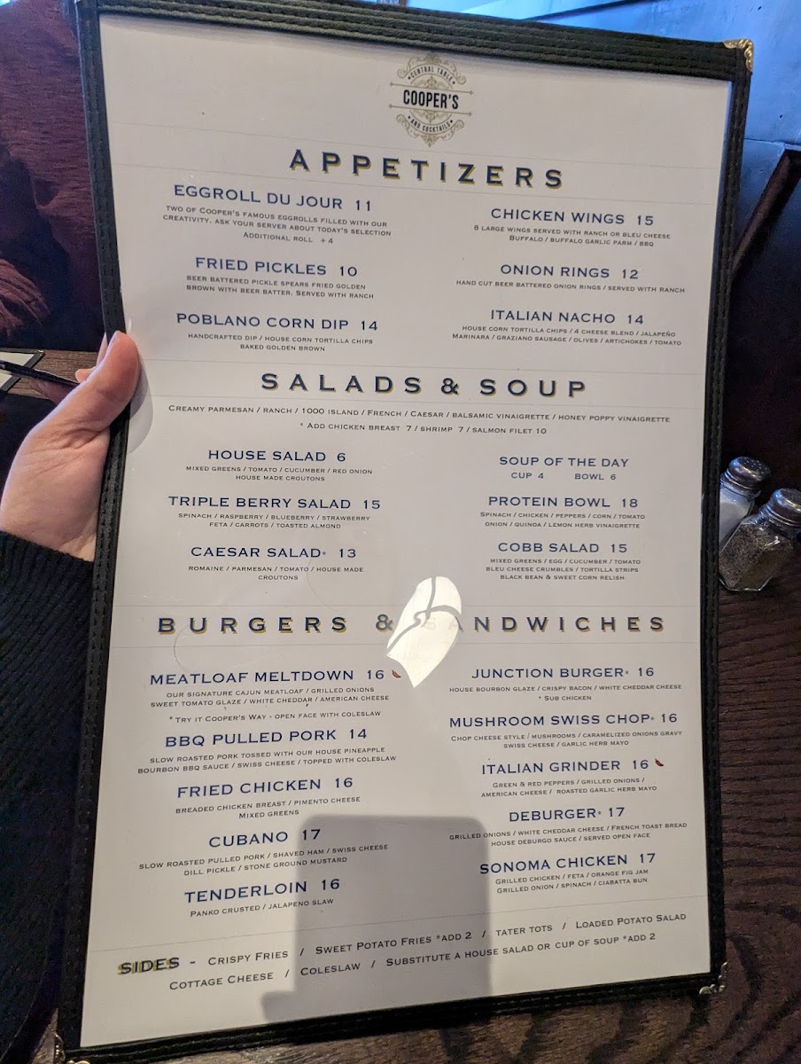 Cooper's Central Table & Cocktails menu board