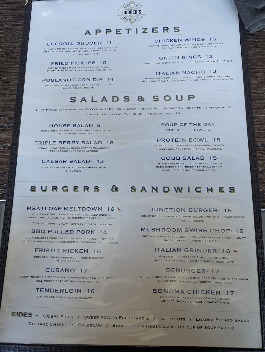 Cooper's Central Table & Cocktails menu board