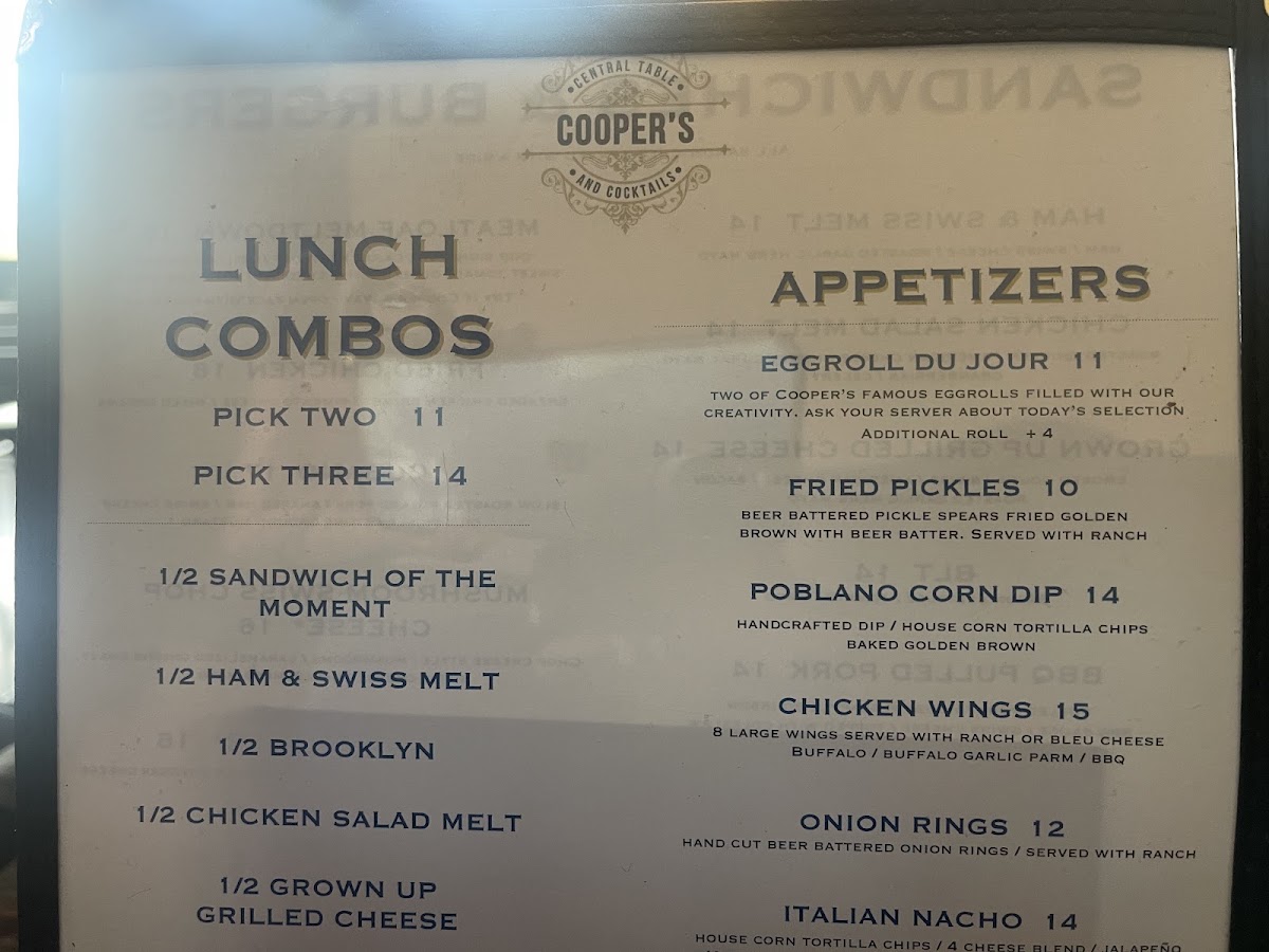 Cooper's Central Table & Cocktails menu board